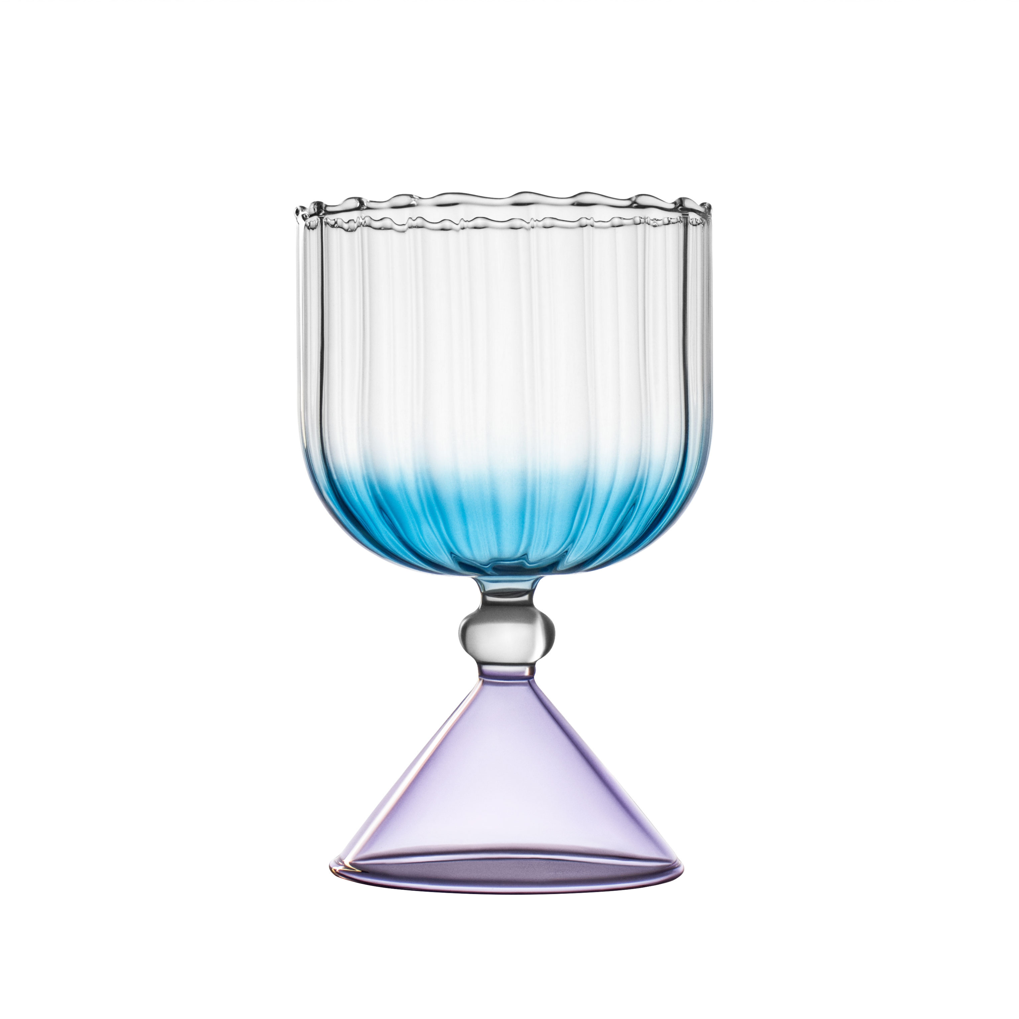 A single bespoke & handblown borosilicate Cocktail and Wine Goblet Glass with gradient azure blue color, with a curved edged rim. The goblet sits elegantly on a lilac purple coloured glass triangle-shaped stand on a white background. Designed for stemware use.