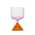 A single bespoke & handblown borosilicate Cocktail and Wine Goblet Glass with gradient rose pink color, curved edged rim. Amber reddish-coloured stand on a white background. Designed for stemware use.